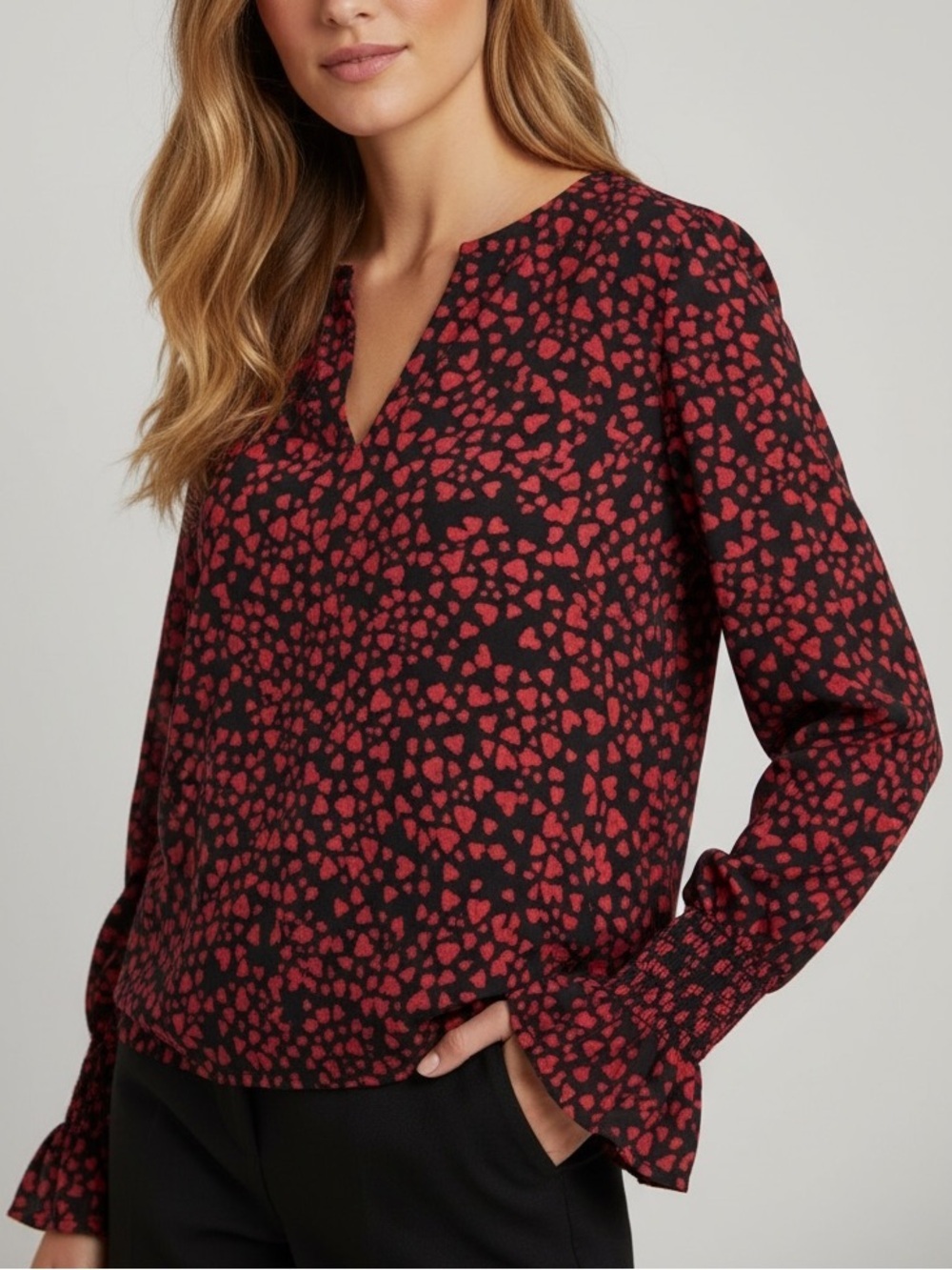 NWT ANN TAYLOR LOFT Black & Red Heart V-Neck Long Ruffle Sleeve Top Size Large